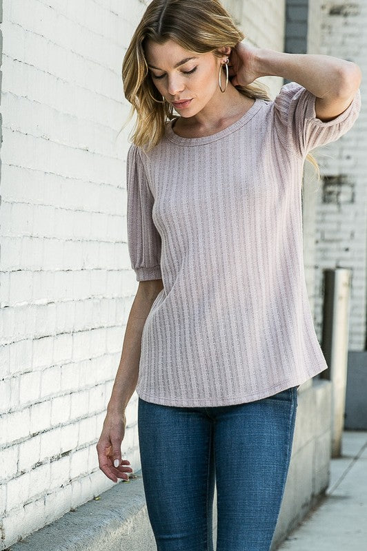 Pointelle Knit Puff Sleeve Top Pink