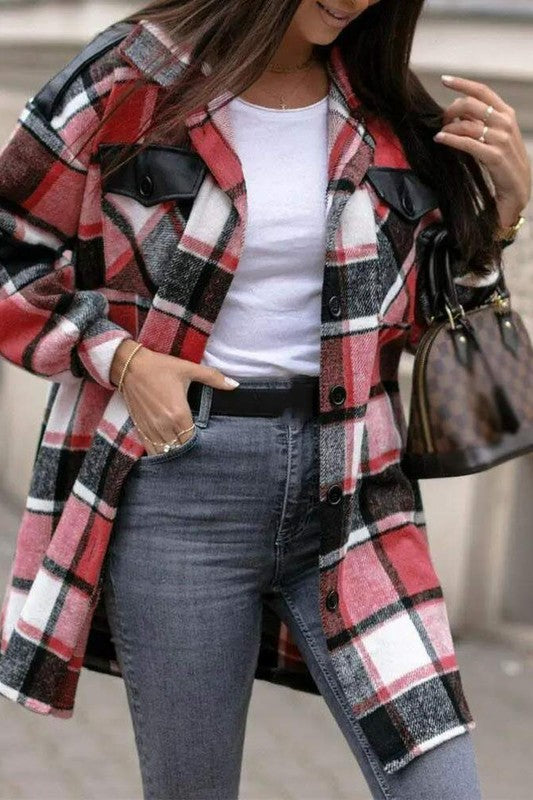 PLAID PRINT BUTTON FRONT FLAP DETAIL SHACKET