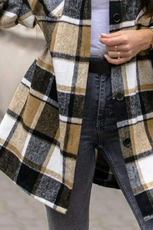 PLAID PRINT BUTTON FRONT FLAP DETAIL SHACKET