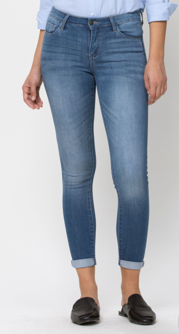 Mid Rise Medium Wash Rayon Ankle Skinny Jeans