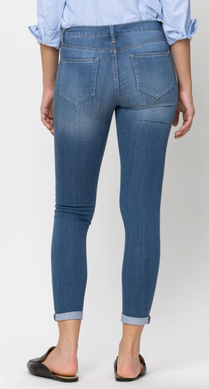 Mid Rise Medium Wash Rayon Ankle Skinny Jeans