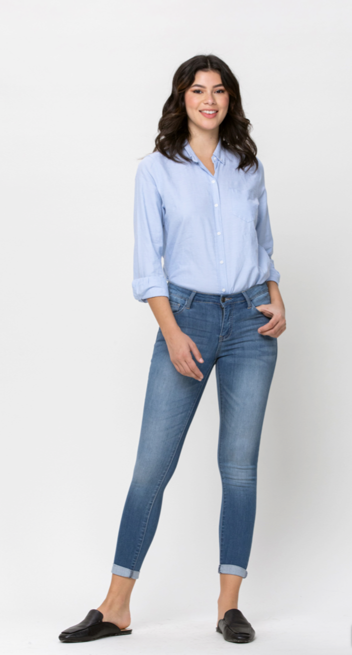 Mid Rise Medium Wash Rayon Ankle Skinny Jeans